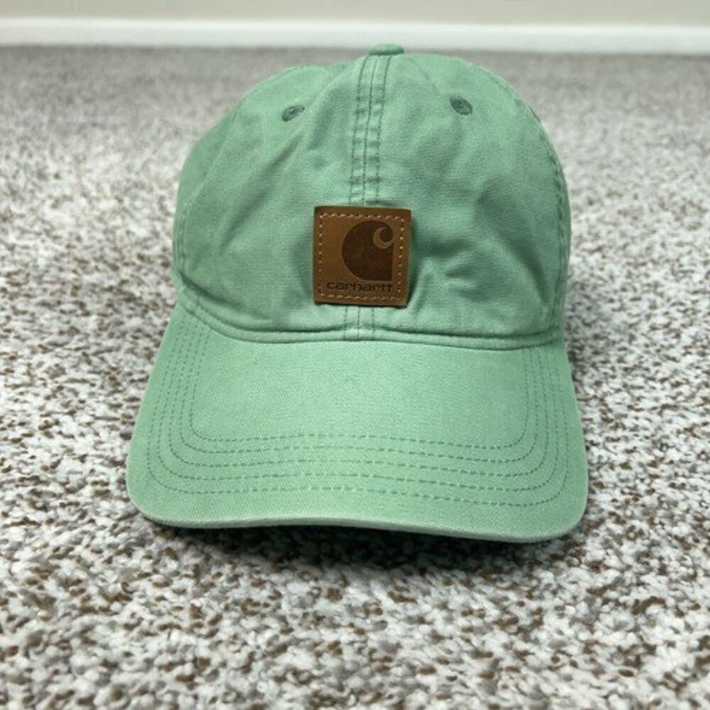 Carhartt Hat Mens One Size Green Canvas Leather Patch Strapback Cap Workwear Dad